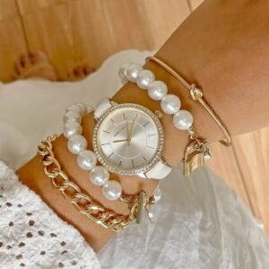 Minimalist Gold Pearl Watch & Bracelet Stack